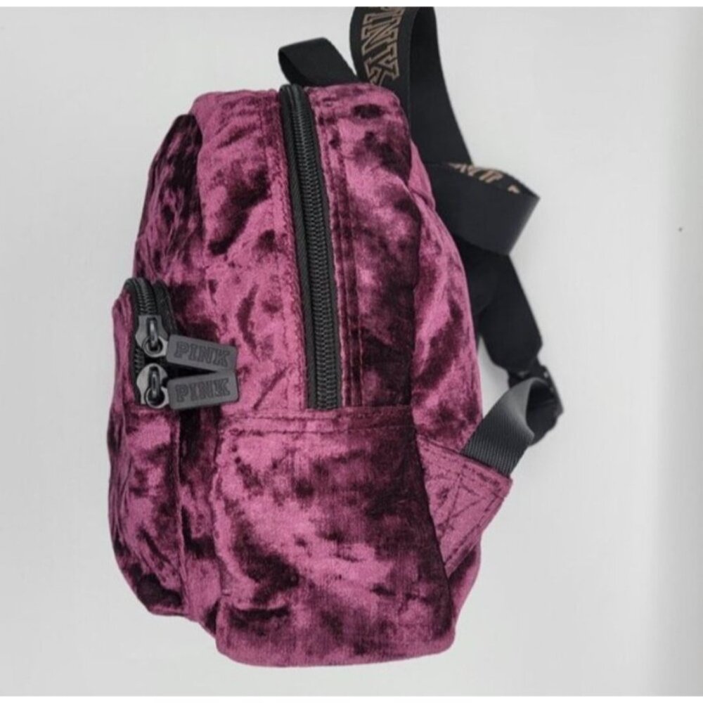 Victoria’s Secret PINK Burgundy Crushed Velvet Mini Backpack | Logo Straps | Zip - Picture 6 of 9